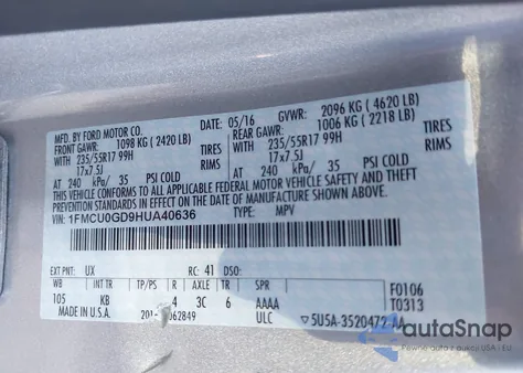 2017 Ford Escape Se z USA, uszkodzony, nr VIN 1FMCU0GD9HUA40636